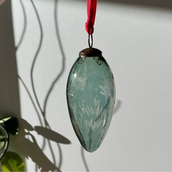 Vintage Green Etched Glass  Ornament 6" Tear Drop Christmas - Picture 1 of 7